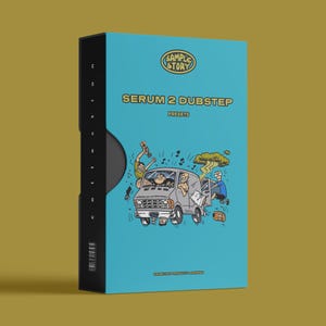 Könnte beinhalten: Eine hellblaue Box mit dem Text "SERUM 2 DUBSTEP" und "PRESETS". Die Box zeigt eine Cartoon-Illustration eines Transporters mit Personen darin und drumherum. Auf der Oberseite der Box steht der Text "SAMPLE STORY".