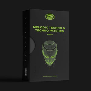 Op de afbeelding: Zwarte doos met neon groene tekst: "MELODIC TECHNO & TECHNO PATCHES" en "SERUM 2". Een draadframe grafische afbeelding van een menselijk hoofd staat onder de tekst. Het Sample Story-logo staat rechtsboven.