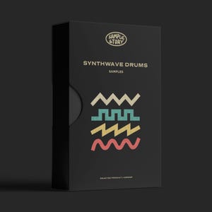 May include: A black box featuring the text "SAMPLE STORY" and "SYNTHWAVE DRUMS SAMPLES." Below the text are four coloured wave designs. The bottom of the box reads "SELECTED PRODUCT I ANSWER."