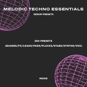May include: A dark gray graphic with the text "MELODIC TECHNO ESSENTIALS" and "SERUM PRESETS" in white. Below, it reads "250 PRESETS" and lists various sound categories. Two pink, grid-like spheres are in the background. The word "INSIDE" is at the bottom.