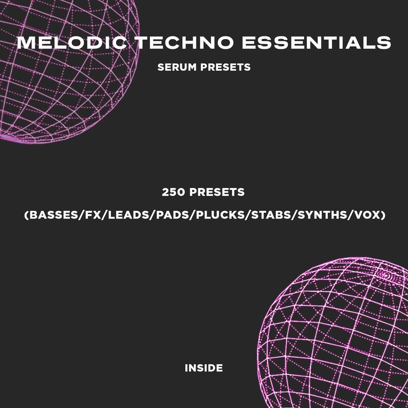 May include: A dark gray graphic with the text "MELODIC TECHNO ESSENTIALS" and "SERUM PRESETS" in white. Below, it reads "250 PRESETS" and lists various sound categories. Two pink, grid-like spheres are in the background. The word "INSIDE" is at the bottom.