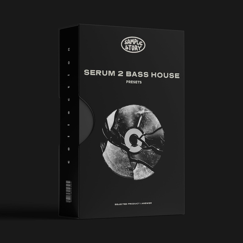 May include: Black box with the text "SERUM 2 BASS HOUSE" and "PRESETS". The box features a circular graphic of a shattered CD. The top of the box has the text "SAMPLE STORY". The bottom of the box has the text "SELECTED PRODUCT | ANSWER".