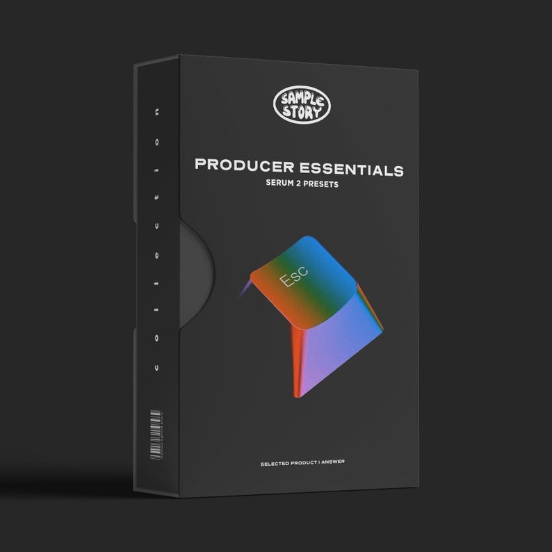 May include: A black box with the text "SAMPLE STORY" and "PRODUCER ESSENTIALS SERUM 2 PRESETS." A colorful graphic of a computer key with the word "Esc" is on the front. The words "SELECTED PRODUCT I ANSWER" are at the bottom.