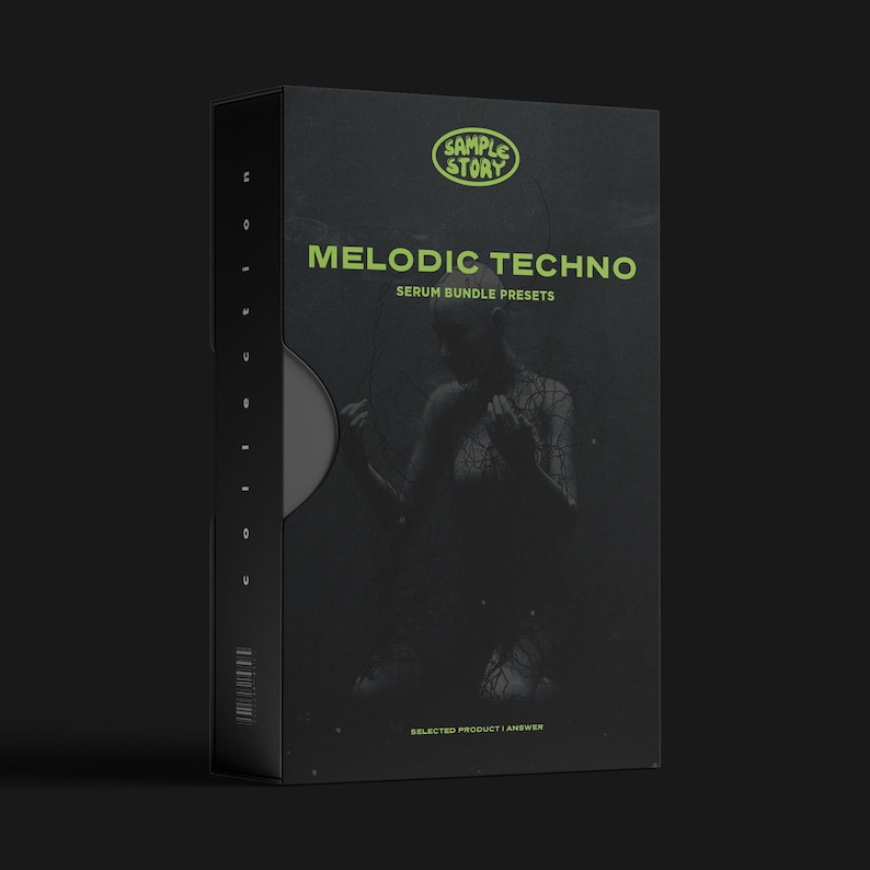 May include: A black rectangular box featuring the text Sample Story, Melodic Techno Serum Bundle Presets, and Selected Product I Answer in lime green. The front displays a dark, shadowy figure with intricate line patterns across the body.