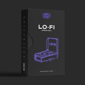 May include: Black box with white text that reads "SAMPLE STORY" in a circle. Below the circle is the text "LO-FI" in white and "SAMPLES VOL.2" in smaller white text. A purple illustration of a record player with the word "LOFI" written on it is in the center of the box.
