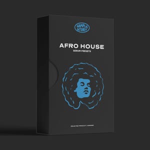 May include: Black box with a blue and white logo that says "Sample Story" and the text "Afro House Serum Presets". A blue silhouette of a person's head with curly hair is in the center of the box.
