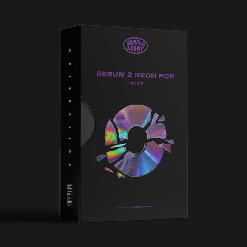 May include: A black box with the text "SERUM 2 NEON POP" and "PRESETS" in purple. The box features a shattered CD design with iridescent colors. The "SAMPLE STORY" logo is at the top. The words "SELECTED PRODUCT | ANSWER" are at the bottom.