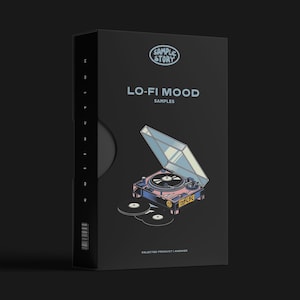 Könnte beinhalten: Schwarze Box mit dem Text "SAMPLE STORY" und "LO-FI MOOD SAMPLES". Die Box zeigt eine Illustration eines rosa und blauen Plattenspielers mit zwei Schallplatten. Der Text "SELECTED PRODUCT I ANSWER" steht unten.
