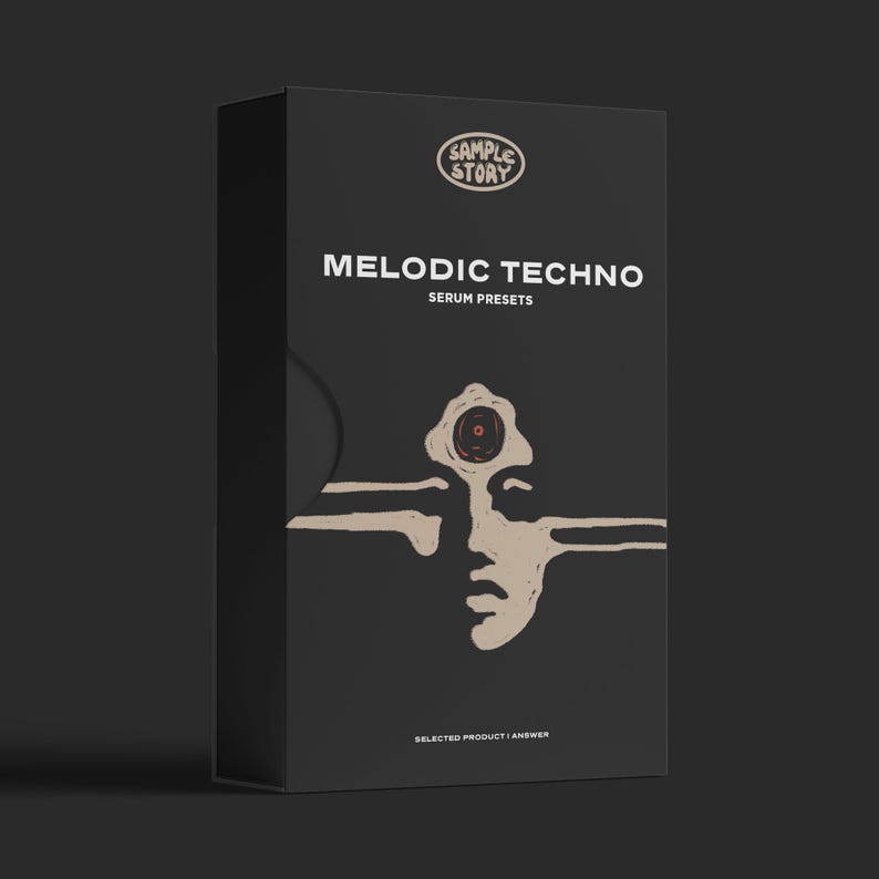 May include: Black box with a white logo that says "Sample Story" and the text "Melodic Techno Serum Presets". A stylized illustration of a face with a record on its forehead.