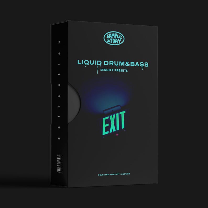 May include: A black product box with the text "SAMPLE STORY" in a teal font. The box also features the text "LIQUID DRUM&BASS SERUM 2 PRESETS" and the word "EXIT" in teal. The box has a dark blue gradient and a barcode.