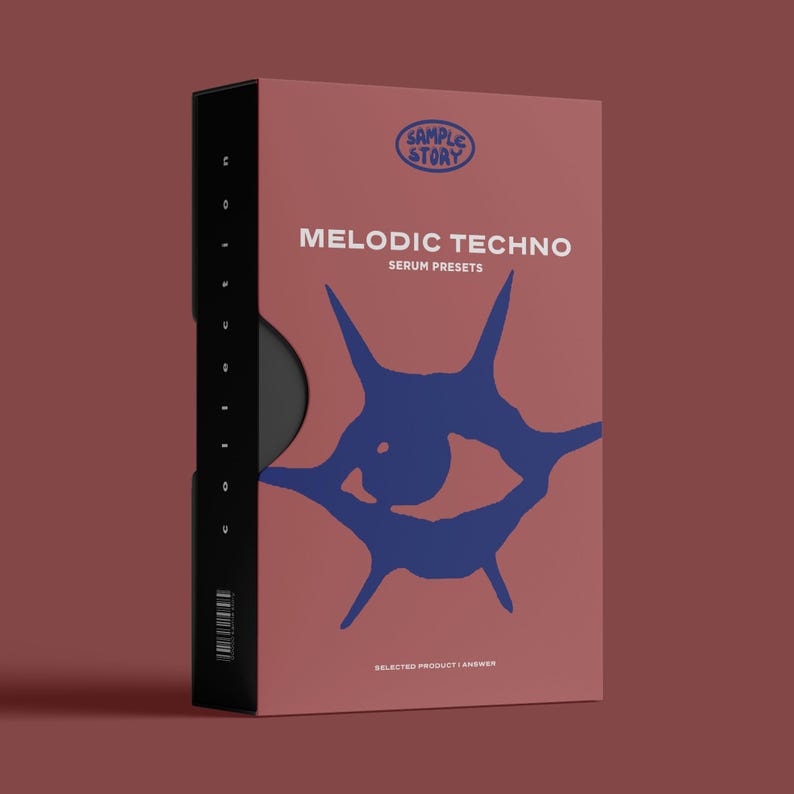 May include: A pink box with a blue and white logo that says "Sample Story" and the text "Melodic Techno Serum Presets". The box has a black spine with a barcode and a blue and white abstract design on the front.
