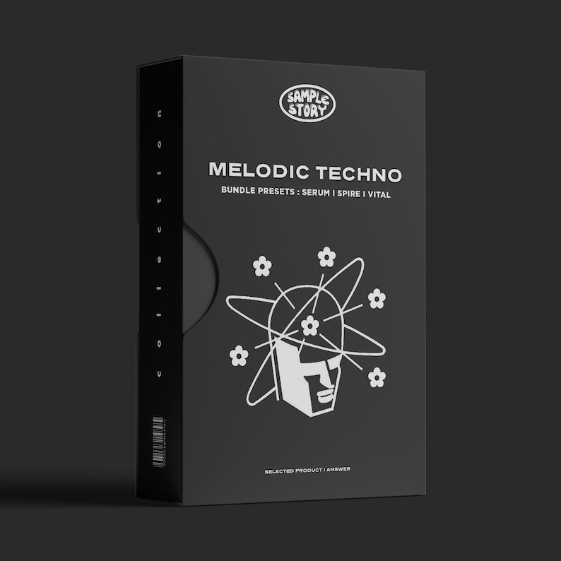 May include: Black box with white text that reads "SAMPLE STORY" and "MELODIC TECHNO" with the words "BUNDLE PRESETS: SERUM I SPIRE I VITAL" below. A white graphic of a head with a circle around it with white flowers.