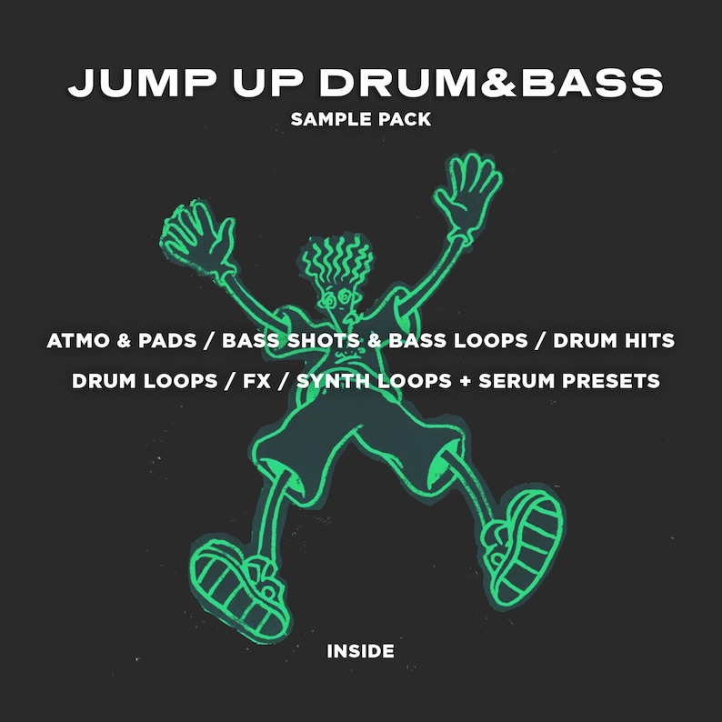 Puede incluir: Un personaje de dibujos animados verde salta en el aire con los brazos extendidos. El texto "JUMP UP DRUM&BASS SAMPLE PACK" est&aacute; en la parte superior de la imagen. Debajo del personaje, el texto dice "ATMO & PADS / BASS SHOTS & BASS LOOPS / DRUM HITS DRUM LOOPS / FX / SYNTH LOOPS + SERUM PRESETS". El texto "INSIDE" est&aacute; en la parte inferior de la imagen.