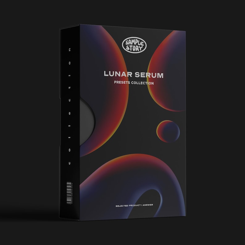 May include: A product box with the text "SAMPLE STORY" and "LUNAR SERUM PRESETS COLLECTION". The box features a dark background with abstract shapes in red, orange, and purple. The text "SELECTED PRODUCT I ANSWER" is at the bottom.