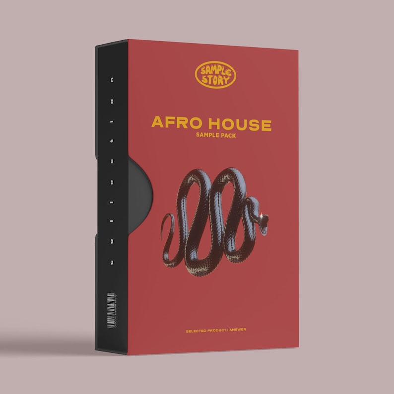 May include: A red box with the text "AFRO HOUSE SAMPLE PACK" and a stylized snake illustration. The box also features the text "SAMPLE STORY" in a yellow oval and a black spine with vertical text.