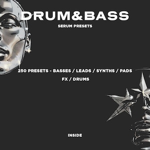 Może przedstawiać: Czarny grafika z tekstem "DRUM & BASS" i "SERUM PRESETS". Obraz zawiera r&oacute;wnież tekst "250 PRESETS - BASSES / LEADS / SYNTHS / PADS" i "FX / DRUMS". Słowo "INSIDE" znajduje się na dole.