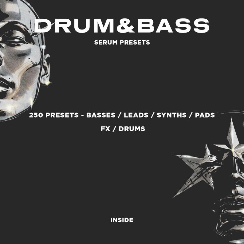 Może przedstawiać: Czarny grafika z tekstem "DRUM & BASS" i "SERUM PRESETS". Obraz zawiera r&oacute;wnież tekst "250 PRESETS - BASSES / LEADS / SYNTHS / PADS" i "FX / DRUMS". Słowo "INSIDE" znajduje się na dole.