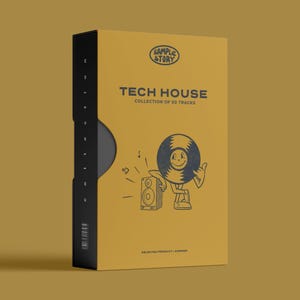 May include: A yellow box with black text that reads "Tech House Collection of 50 Tracks". The box has a black and white illustration of a record player with a smiling face.