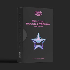 Könnte beinhalten: Eine schwarze Box mit dem Text "SAMPLE STORY" und "MELODIC HOUSE & TECHNO" in Rosa. Ein holografischer Stern ist unter dem Text zentriert. Die Box enthält auch den Text "SERUM 2 PRESETS" und "SELECTED PRODUCT I ANSWER".
