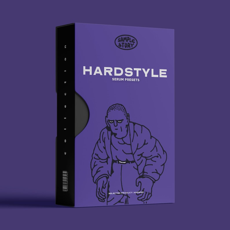 Może przedstawiać: Fioletowe pudełko z czarną ramką i białym logo z napisem "Sample Story". Pudełko ma biały tytuł z napisem "Hardstyle Serum Presets" i czarno-białą ilustrację osoby.