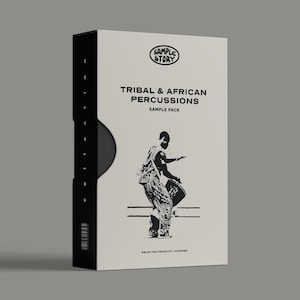 May include: A rectangular box with the text "SAMPLE STORY" at the top. The box features the text "TRIBAL & AFRICAN PERCUSSIONS SAMPLE PACK" and a black and white illustration of a person playing a drum. The side of the box is black.
