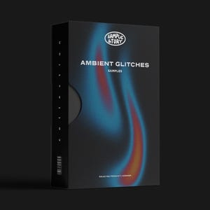 May include: A black product box with the text "SAMPLE STORY" in a white circle at the top. Below, the words "AMBIENT GLITCHES SAMPLES" are displayed in white. The box features a blue and orange gradient design. The bottom of the box reads "SELECTED PRODUCT | ANSWER".