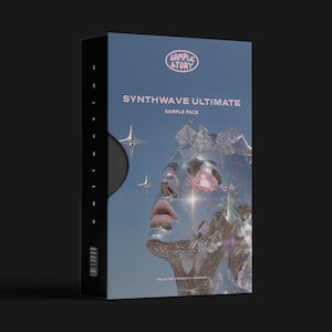 May include: A rectangular product box for the Synthwave Ultimate sample pack. The blue cover features the text Sample Story, Synthwave Ultimate, and Selected Product I Answer. It displays a metallic, reflective face surrounded by crystal shards.
