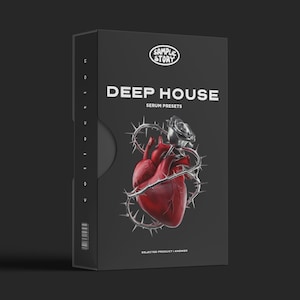 Könnte beinhalten: Eine schwarze Box mit dem Text "DEEP HOUSE" und "SERUM PRESETS" in Weiß. Die Box zeigt ein rotes Herz, das von Dornen durchbohrt wird, mit einer silbernen Rose oben. Das Logo "SAMPLE STORY" befindet sich oben.