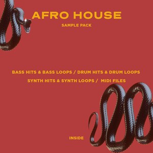 May include: A red background with the words "AFRO HOUSE SAMPLE PACK" in yellow. The text "BASS HITS & BASS LOOPS / DRUM HITS & DRUM LOOPS SYNTH HITS & SYNTH LOOPS / MIDI FILES" is also present. Two black snakes with a shiny texture are on the image.