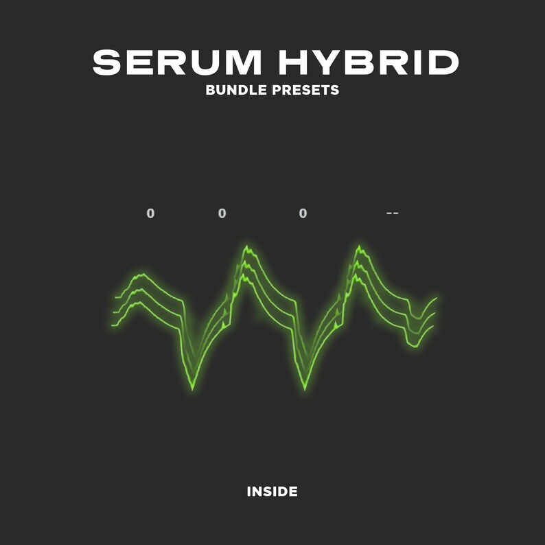 Puede incluir: Un gr&aacute;fico de onda verde con el texto "SERUM HYBRID BUNDLE PRESETS" en la parte superior y "INSIDE" en la parte inferior.