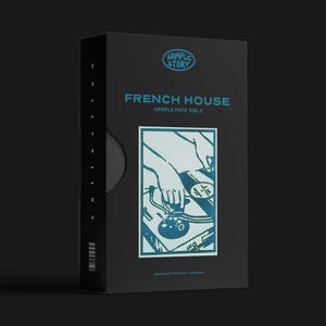 Può includere: Scatola nera con la scritta "FRENCH HOUSE SAMPLE PACK VOL.2" e un'illustrazione blu e bianca di mani su un giradischi. La parte superiore della scatola riporta le parole "SAMPLE STORY" in un cerchio.