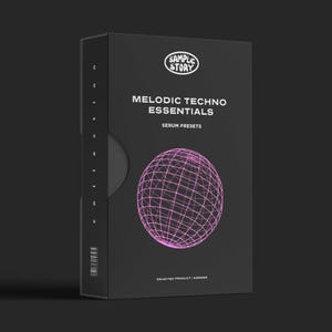 Könnte beinhalten: Eine schwarze Box mit dem Text "SAMPLE STORY" und "MELODIC TECHNO ESSENTIALS SERUM PRESETS". Unter dem Text befindet sich eine pinkfarbene Drahtkugel. Die Worte "SELECTED PRODUCT I ANSWER" stehen am unteren Rand der Box.