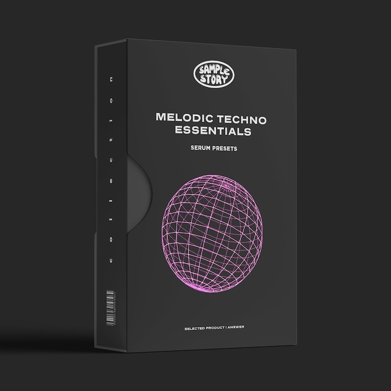May include: A black box with the text "SAMPLE STORY" and "MELODIC TECHNO ESSENTIALS SERUM PRESETS." A pink wireframe sphere is below the text. The words "SELECTED PRODUCT I ANSWER" are at the bottom of the box.