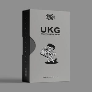 May include: A black and white illustration of a person holding a keyboard, with the text "UKG COLLECTION OF 50 TRACKS" and "SAMPLE STORY" on a gray background.