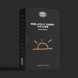 Könnte beinhalten: Schwarze Box mit einem weißen Logo, auf dem "Sample Story" steht, und dem Text "Melodic Deep House Serum Presets". In der Mitte der Box befindet sich eine gelbe Sonnengrafik.