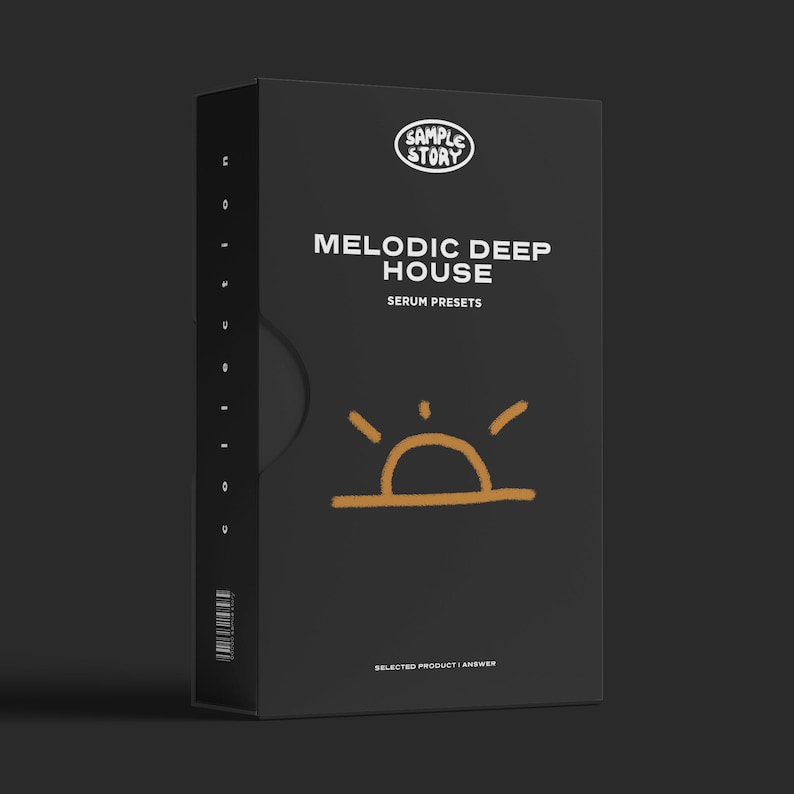 May include: Black box with a white logo that says "Sample Story" and the text "Melodic Deep House Serum Presets". A yellow sun graphic is in the center of the box.