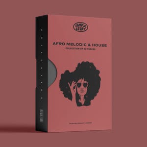 Może przedstawiać: Czerwone pudełko z czarną ramką i białym kółkiem z tekstem "SAMPLE STORY" w kolorze czarnym. Pudełko zawiera tekst "AFRO MELODIC & HOUSE" w kolorze czarnym i "COLLECTION OF 50 TRACKS" w kolorze czarnym. W środku pudełka znajduje się czarno-biała ilustracja kobiety z afrykańskim warkoczem, która nosi okulary w kształcie serca.