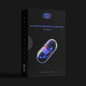 May include: A black box featuring the text "SAMPLE STORY" and "ULTIMATE SERUM COLLECTION 450 PRESETS." A holographic capsule graphic is centered on the front. The words "SELECTED PRODUCT I ANSWER" are at the bottom.