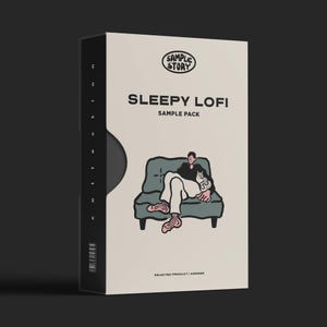 May include: A product box with the text "SLEEPY LOFI SAMPLE PACK" and the "SAMPLE STORY" logo. The illustration depicts a person relaxing on a couch with a cat. The box is cream-colored with a black spine.