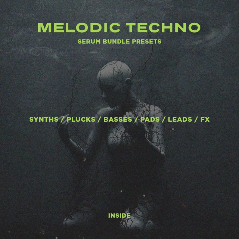 May include: A digital graphic featuring the text MELODIC TECHNO SERUM BUNDLE PRESETS, SYNTHS / PLUCKS / BASSES / PADS / LEADS / FX, and INSIDE in lime green. The background is a dark, moody image of a figure surrounded by dark, vein-like lines.
