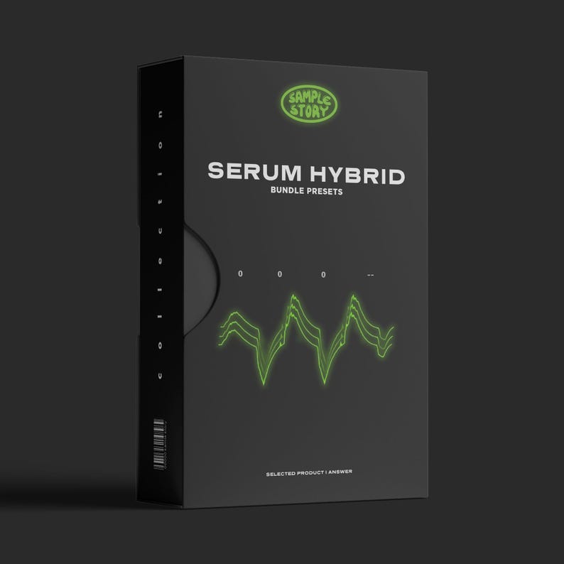 Puede incluir: Una caja negra con un logotipo verde que dice "Sample Story" y el texto "Serum Hybrid Bundle Presets". Un gr&aacute;fico de forma de onda verde est&aacute; en el centro de la caja.