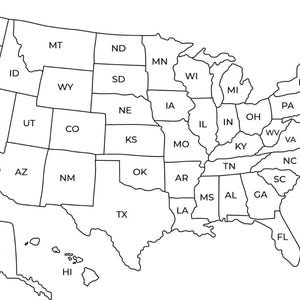 May include: A black and white outline map of the United States of America, showing the borders of each state. The map includes Alaska and Hawaii.