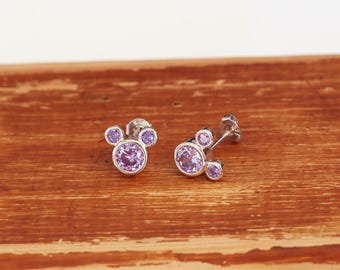 Sterling Silver Minnie Mouse Stud Earrings, Purple Zirconia, Disney Jewelry