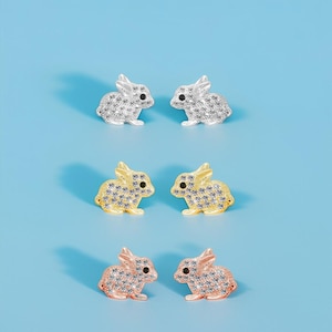 Rabbit Silver Earrings for Women - 925 Sterling Silver Pave Zircons Cute Easter Bunny Stud Earrings for Women Girls and Kids - Birthday Gift