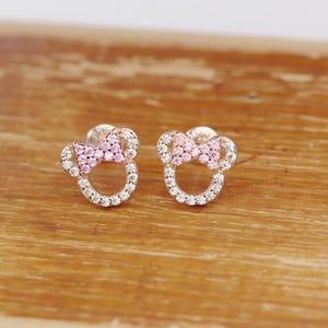 rose gold plated 925 Sterling Silver Minnie Mouse earrings, pink bow Zirconia Mickey mouse Stud Earrings for Women Girls Kids Birthday Gift
