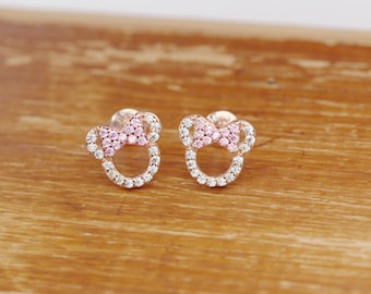 Rose Gold Minnie Mouse Earrings, Pink Bow Zirconia, Sterling Silver