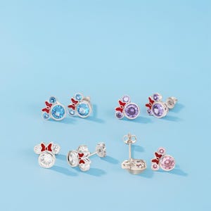Sterling Silver Minnie Mouse earrings, Amethyst Clear Blue Enamel Bow Zirconia Mickey mouse Stud Earrings for Women Girls Kids Birthday Gift
