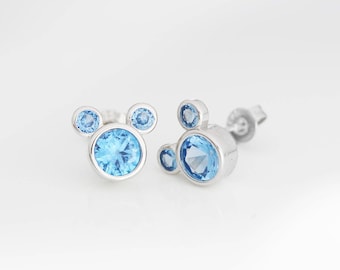 Sterling Silver Minnie Mouse Earrings, Blue Zirconia Disney Jewelry