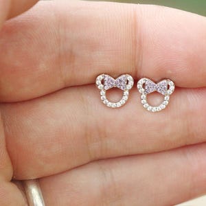 925 Sterling Silver Minnie Mouse earrings, purple bow Zirconia cute Mickey mouse Stud Earrings for Women and Girls Kids, Birthday Gift