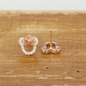 rose gold plated 925 Sterling Silver Minnie Mouse earrings, red bow Zirconia Mickey mouse Stud Earrings for Women Girls Kids Birthday Gift